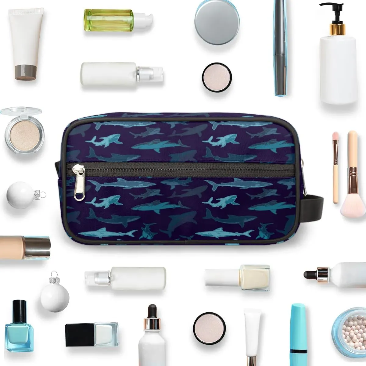 Navy Blue Shark Hanging Toiletry Bag,Travel Hygiene Kits for Boys Mens,Waterproof Makeup Carry-on Bags,Cosmetic Bag,TSA Approved Shave Dopp Kit for Toiletries Shower Bathroom Accessories Gifts
