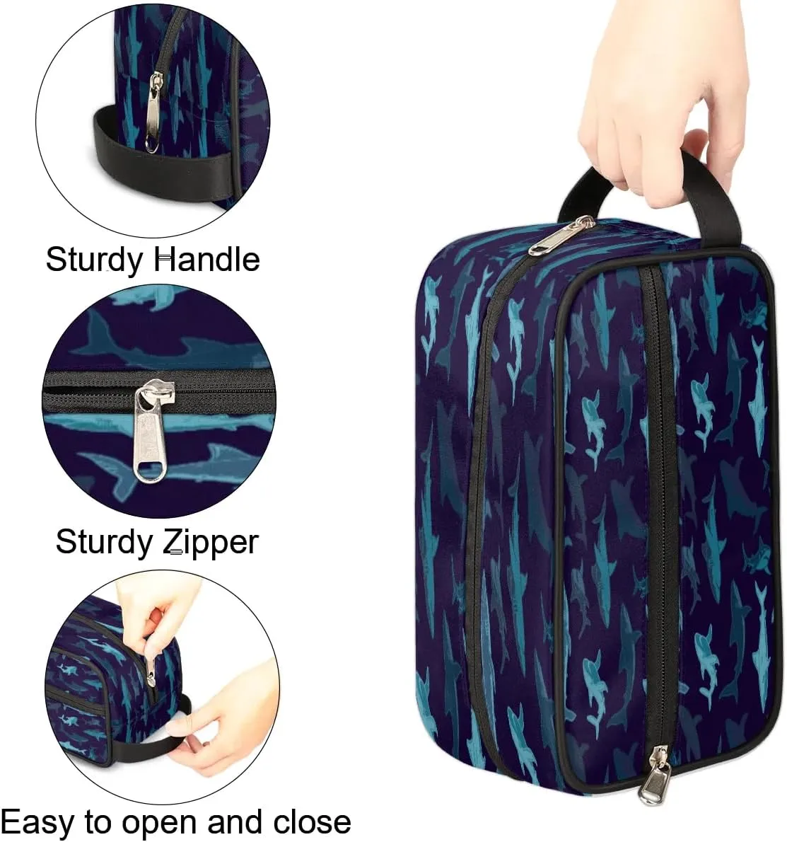 Navy Blue Shark Hanging Toiletry Bag,Travel Hygiene Kits for Boys Mens,Waterproof Makeup Carry-on Bags,Cosmetic Bag,TSA Approved Shave Dopp Kit for Toiletries Shower Bathroom Accessories Gifts