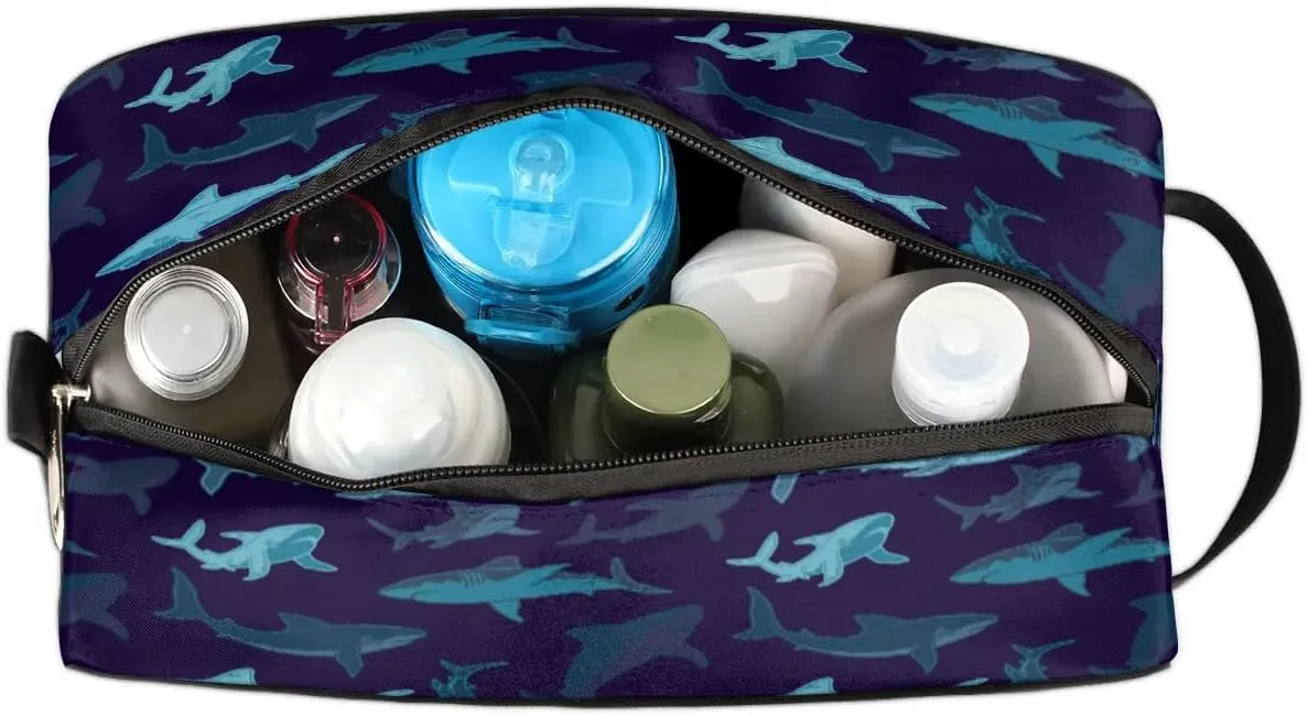 Navy Blue Shark Hanging Toiletry Bag,Travel Hygiene Kits for Boys Mens,Waterproof Makeup Carry-on Bags,Cosmetic Bag,TSA Approved Shave Dopp Kit for Toiletries Shower Bathroom Accessories Gifts