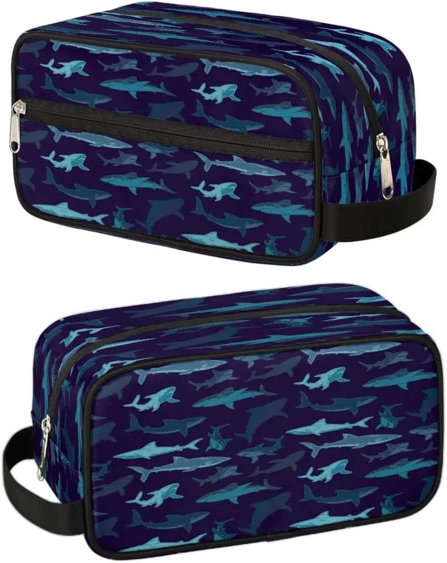 Navy Blue Shark Hanging Toiletry Bag,Travel Hygiene Kits for Boys Mens,Waterproof Makeup Carry-on Bags,Cosmetic Bag,TSA Approved Shave Dopp Kit for Toiletries Shower Bathroom Accessories Gifts