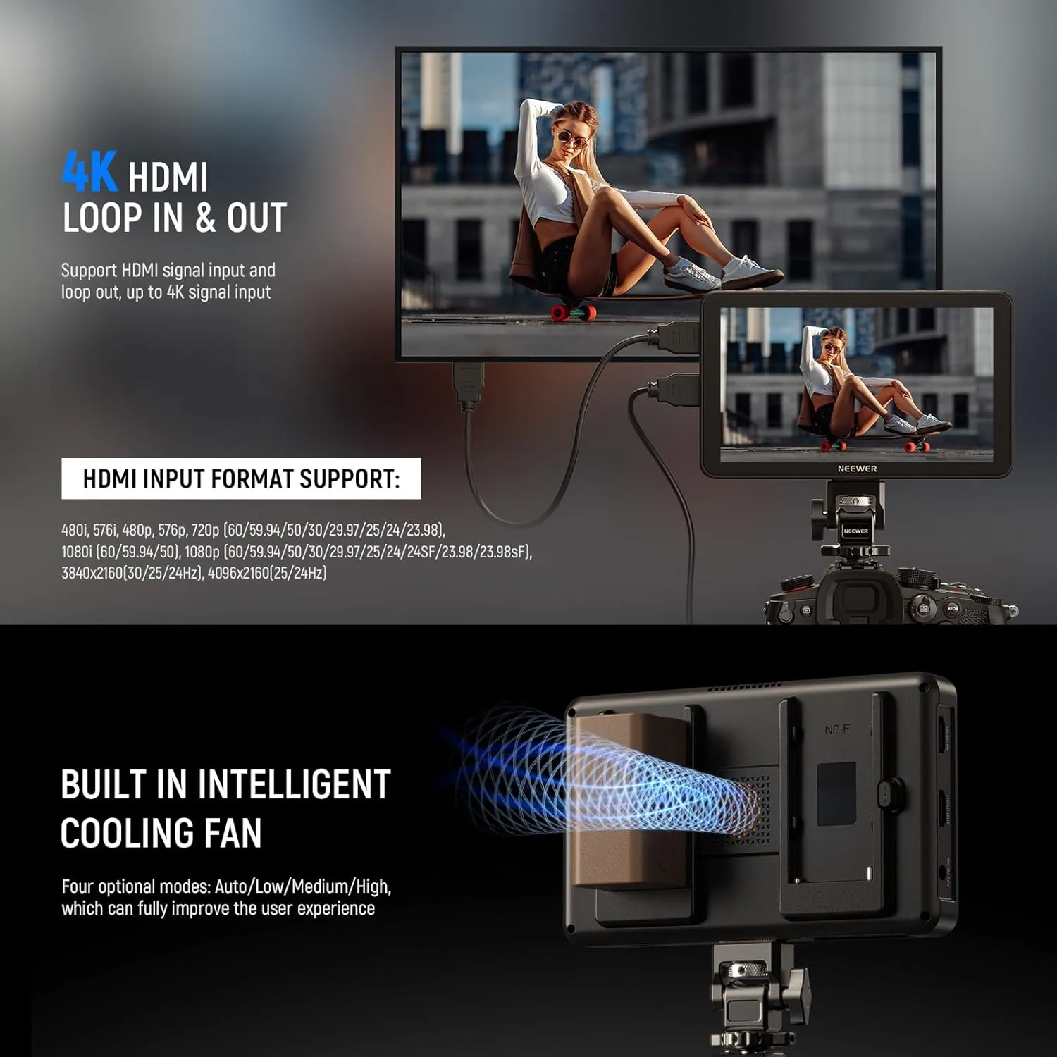 NEEWER F700 7" Camera Field Monitor, 2000nit HD 1920x1080 IPS Touch Screen 3D LUT, 4K HDMI Loop in/Out Peak Focus DSLR Video Assist HDR Waveform, Cold Shoe Mount, 2 NP-F750 Batteries, Cleaning Cloth