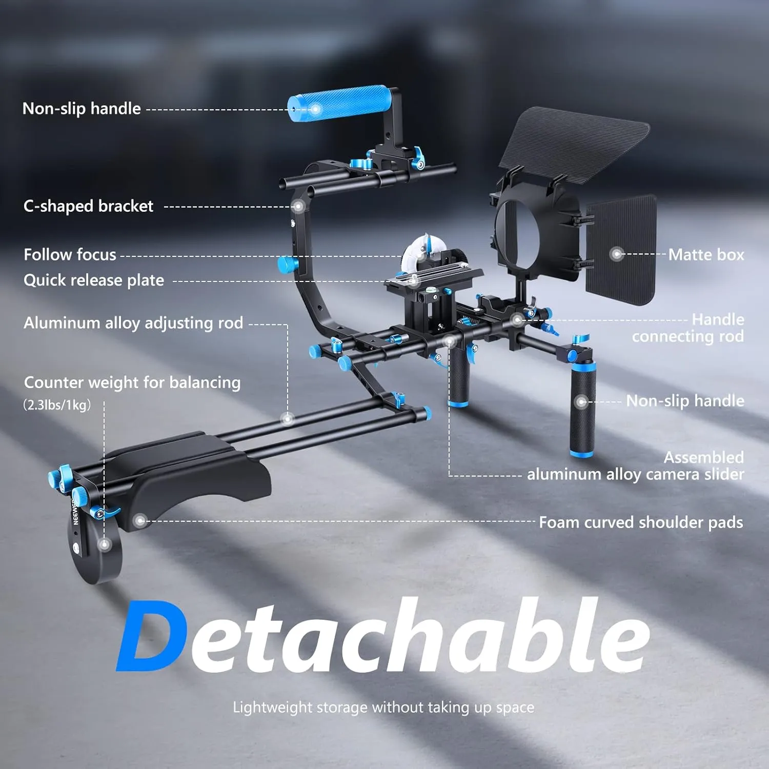 Neewer Shoulder Rig Kit for DSLR Cameras and Camcorders, Movie Video Film Making System with Matte Box, Follow Focus, C-Shaped Bracket, 15mm Rods, Handgrip, 1/4” & 3/8” Threads (Blue   Black)
