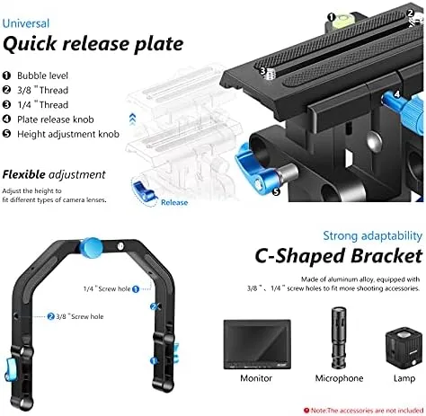 Neewer Shoulder Rig Kit for DSLR Cameras and Camcorders, Movie Video Film Making System with Matte Box, Follow Focus, C-Shaped Bracket, 15mm Rods, Handgrip, 1/4” & 3/8” Threads (Blue   Black)