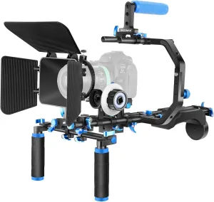 Neewer Shoulder Rig Kit for DSLR Cameras and Camcorders, Movie Video Film Making System with Matte Box, Follow Focus, C-Shaped Bracket, 15mm Rods, Handgrip, 1/4” & 3/8” Threads (Blue   Black)