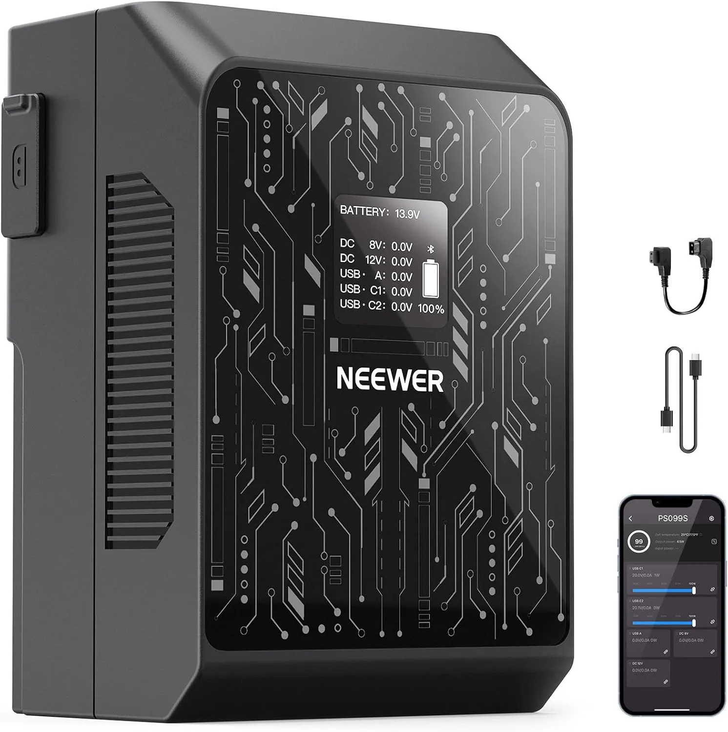 NEEWER Smart Mini V Mount Battery NEEWER APP Control, 6800mAh 99Wh 14.5V with 100W PD Fast Charging, OLED, Dual USB C/D Tap/BP/USB A/Dual DC Ports, Compatible with BMPCC 4k 6k Camcorder Camera, PS099S