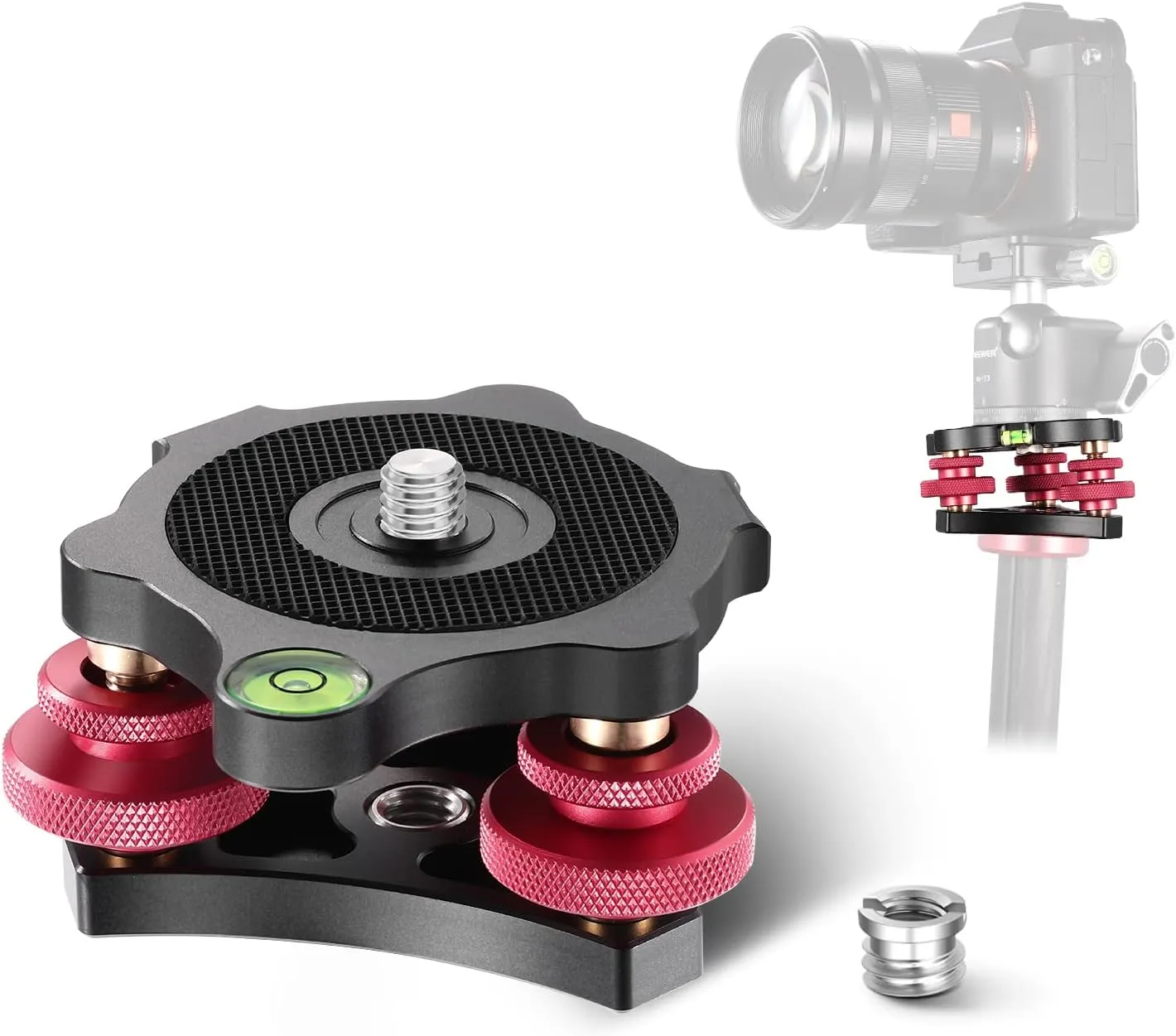 NEEWER Tripod Head Leveling Base Camera Leveler, Aircraft Grade Aluminum Alloy 3 Axis Tri Wheel Head, 3/8” Thread, -5° Precise Angle Adjustment for Macro Panoramic Photography, LP64