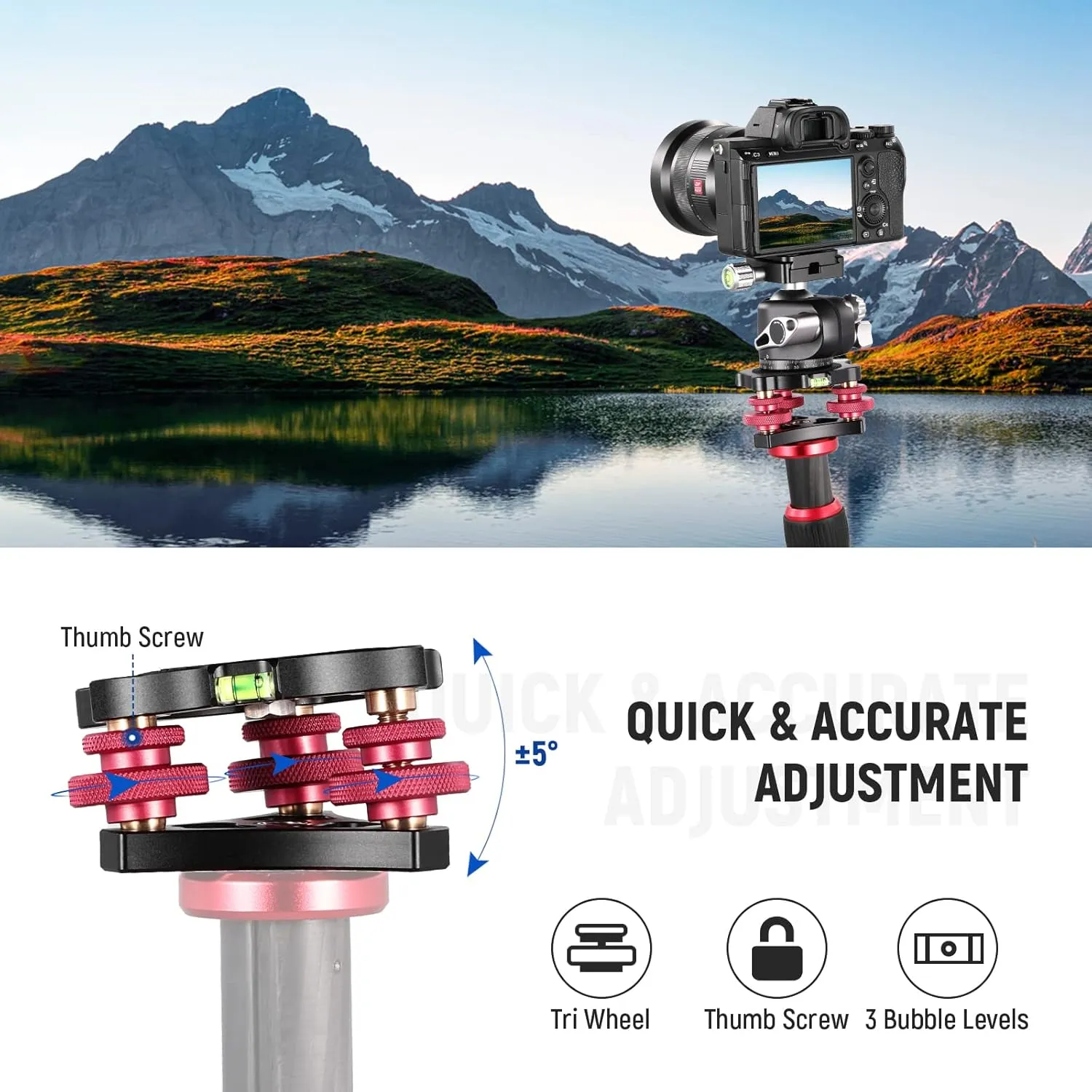 NEEWER Tripod Head Leveling Base Camera Leveler, Aircraft Grade Aluminum Alloy 3 Axis Tri Wheel Head, 3/8” Thread, -5° Precise Angle Adjustment for Macro Panoramic Photography, LP64