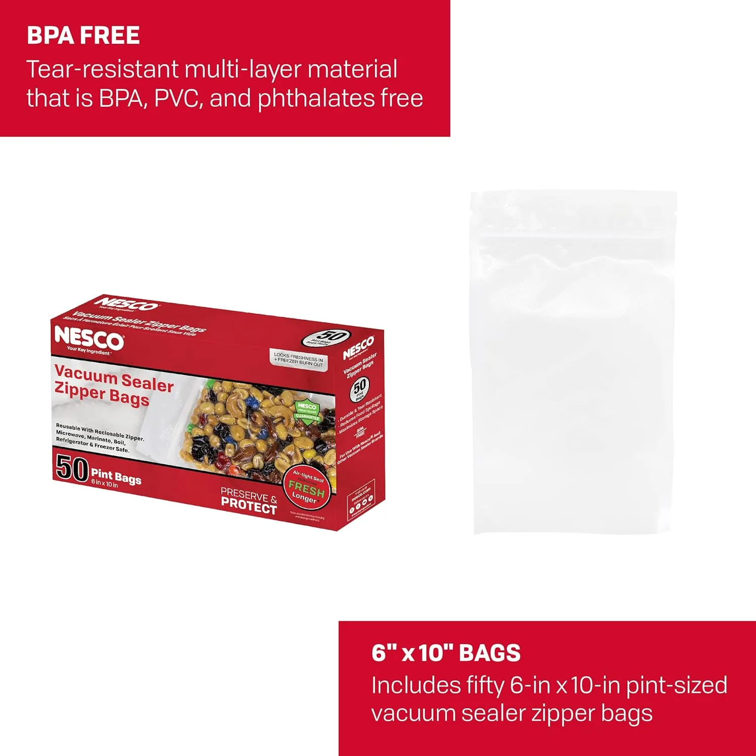 Nesco Vacuum Sealer Pint Zipper Bags - 50 count