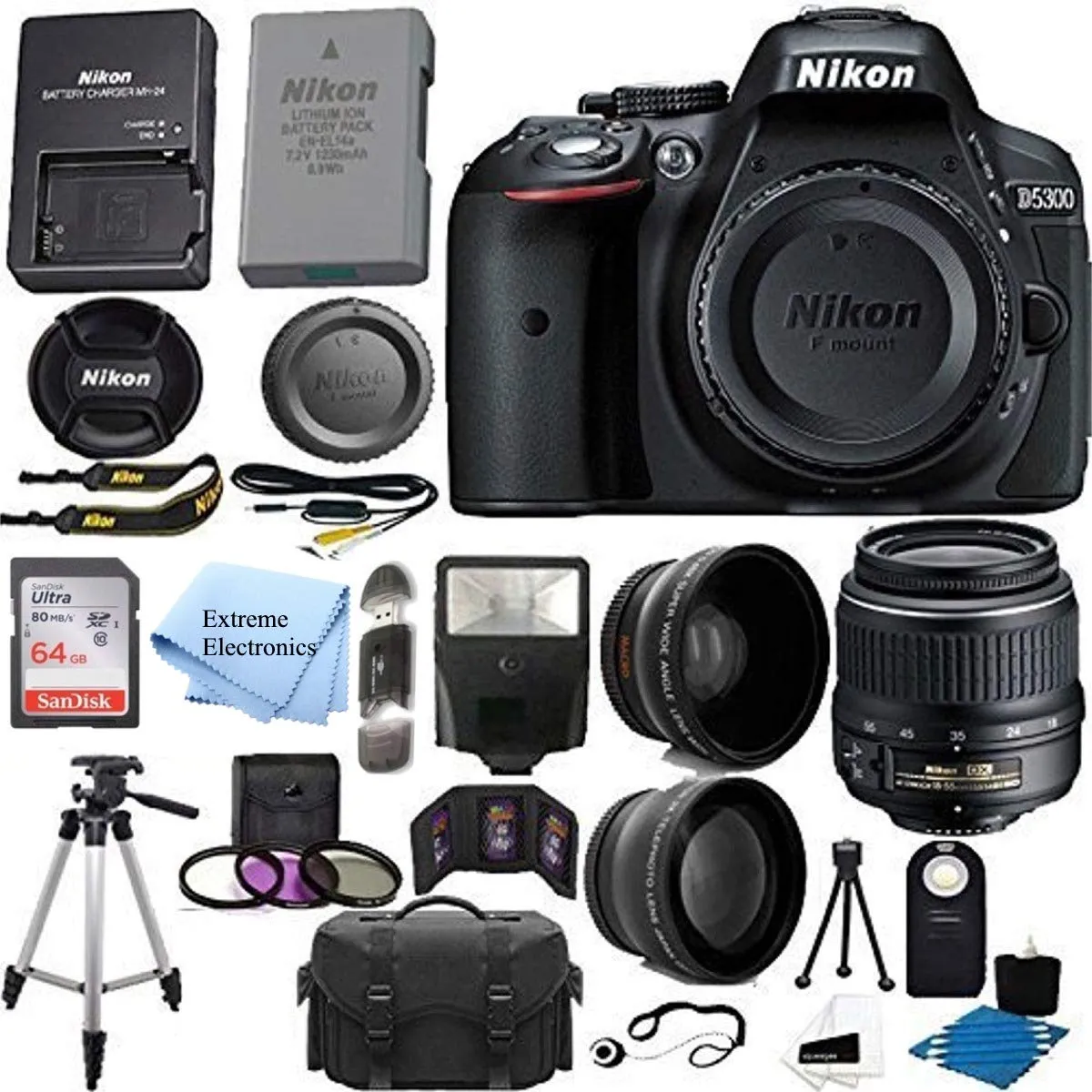 Nikon D5300 24.2 MP CMOS Digital SLR Camera with 18-55mm f/3.5-5.6G ED VR Auto Focus-S DX NIKKOR Zoom Lens  64GB SD Card   accessory Bundle
