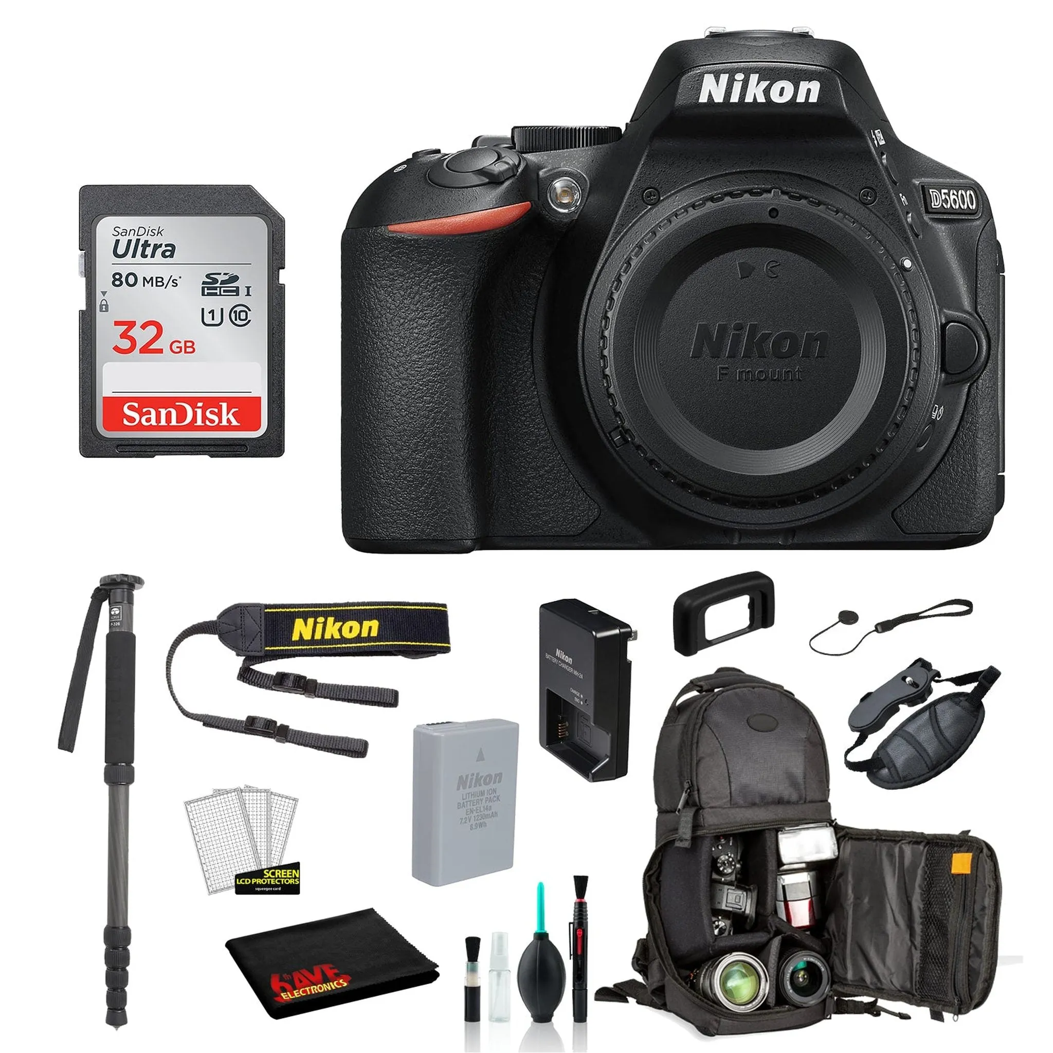 Nikon D5600 DSLR Camera (Body Only)  Bundle – Includes SanDisk32GB SD Card   Sling Backpack   MORE - International Model
