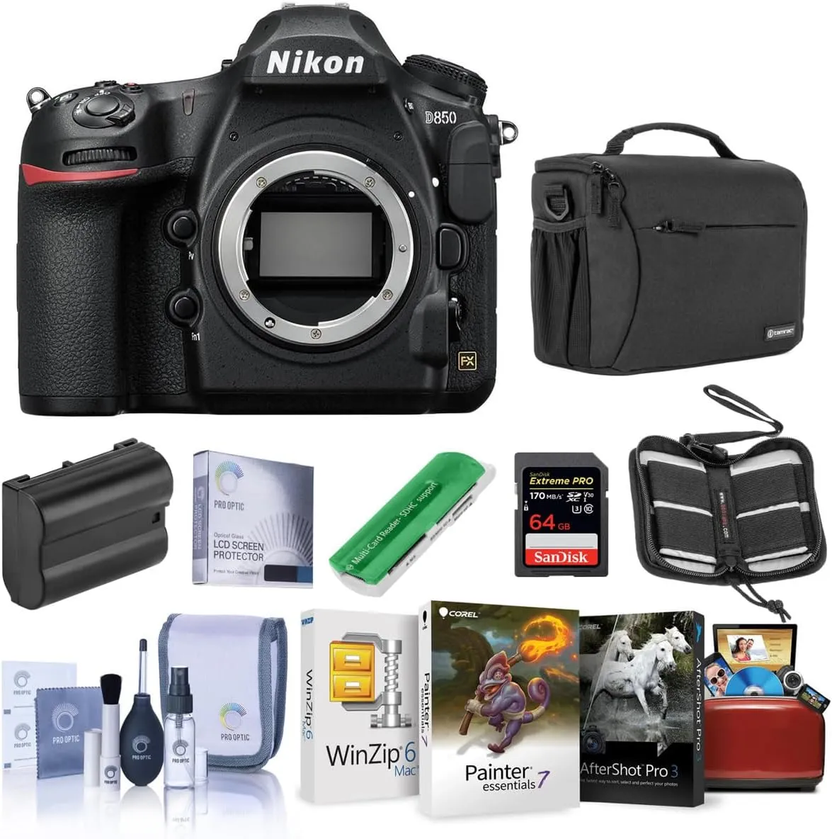 Nikon D850 DSLR Camera Body - Bundle with 64GB SDXC U3 Card, Camera Case, Spare Battery, Cleaning Kit, Memory Wallet, Card Reader, Glass Screen Protector Mac Software Package