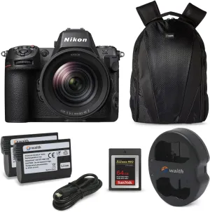 Nikon Z8 Mirrorless Digital Camera with NIKKOR Z 24-120mm f/4 S Lens, Waith Power Battery (2-Pack)   Dual Charger, 64GB Type-B Memory Card & Waith Backpack with Multiple compartments Bundle Set