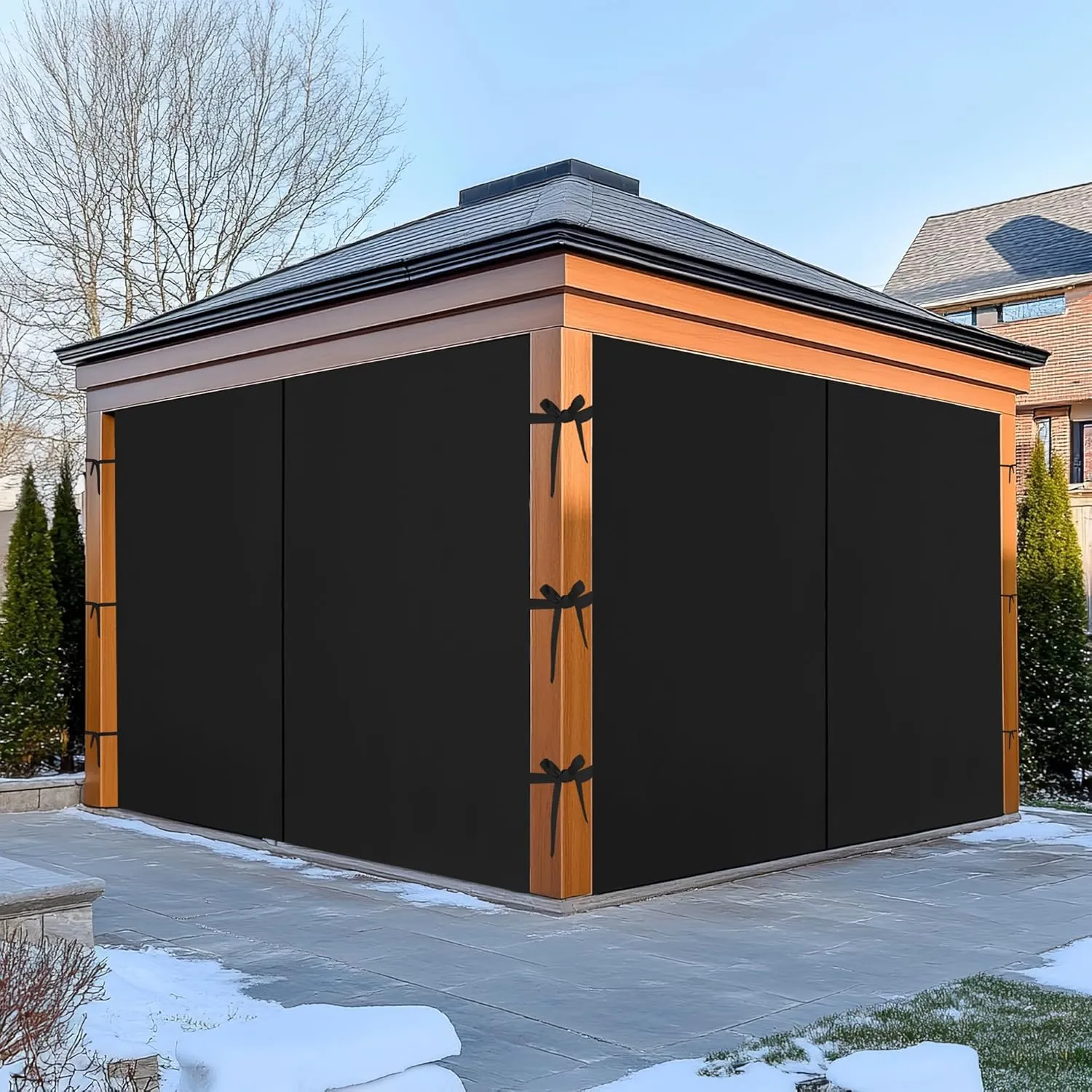 NITCEOWN 4 Pieces 12-ft x 12-ft Outdoor Gazebo Curtains for Patio Waterproof, Grommet Privacy Universal Canopy Sidewall Curtains Windproof Drapes with Tiebacks & Double Slider Zipper, Black