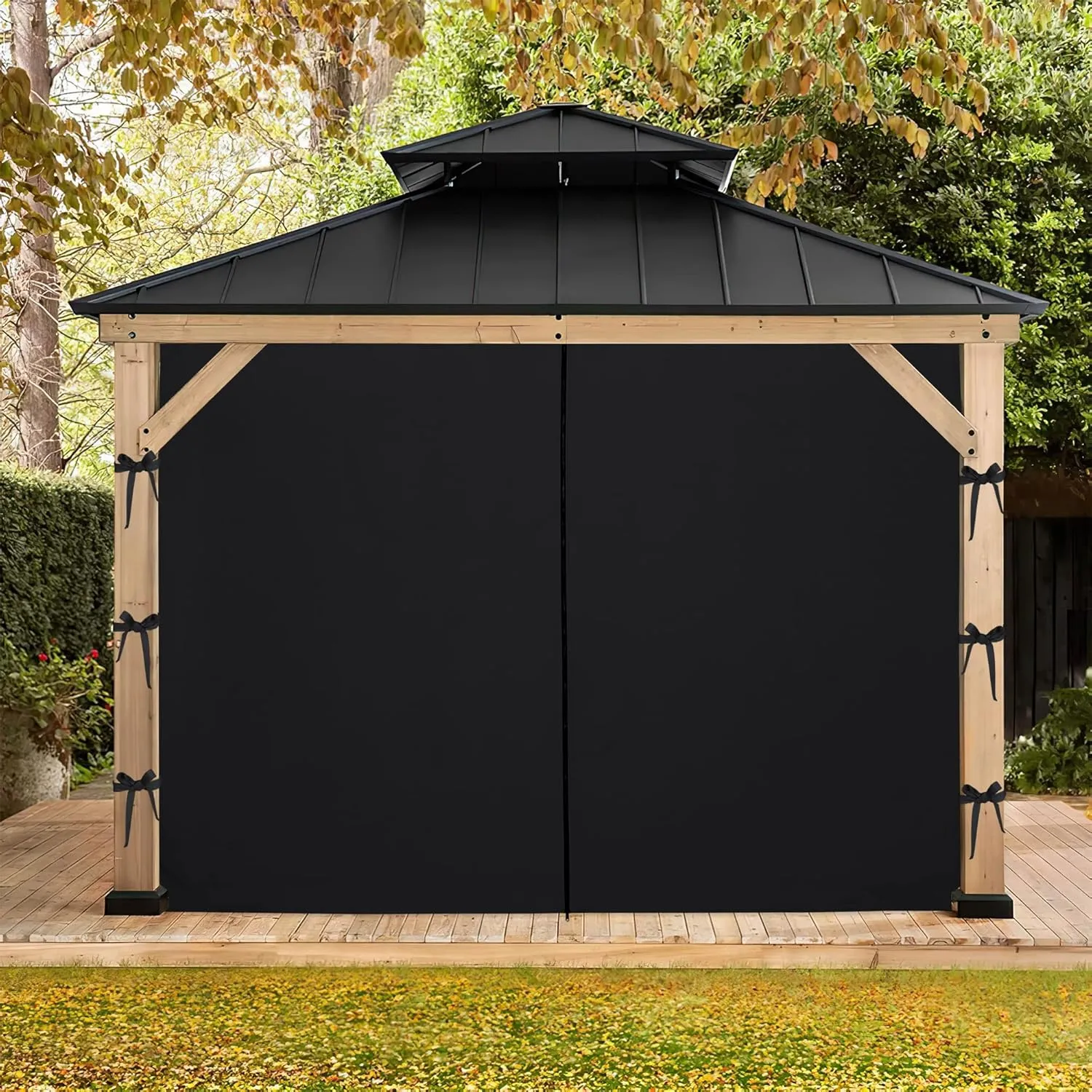 NITCEOWN 4 Pieces 12-ft x 12-ft Outdoor Gazebo Curtains for Patio Waterproof, Grommet Privacy Universal Canopy Sidewall Curtains Windproof Drapes with Tiebacks & Double Slider Zipper, Black
