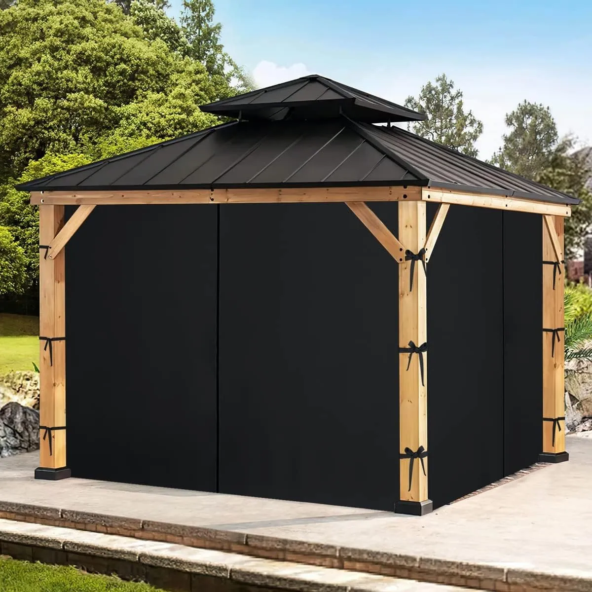 NITCEOWN 4 Pieces 12-ft x 12-ft Outdoor Gazebo Curtains for Patio Waterproof, Grommet Privacy Universal Canopy Sidewall Curtains Windproof Drapes with Tiebacks & Double Slider Zipper, Black