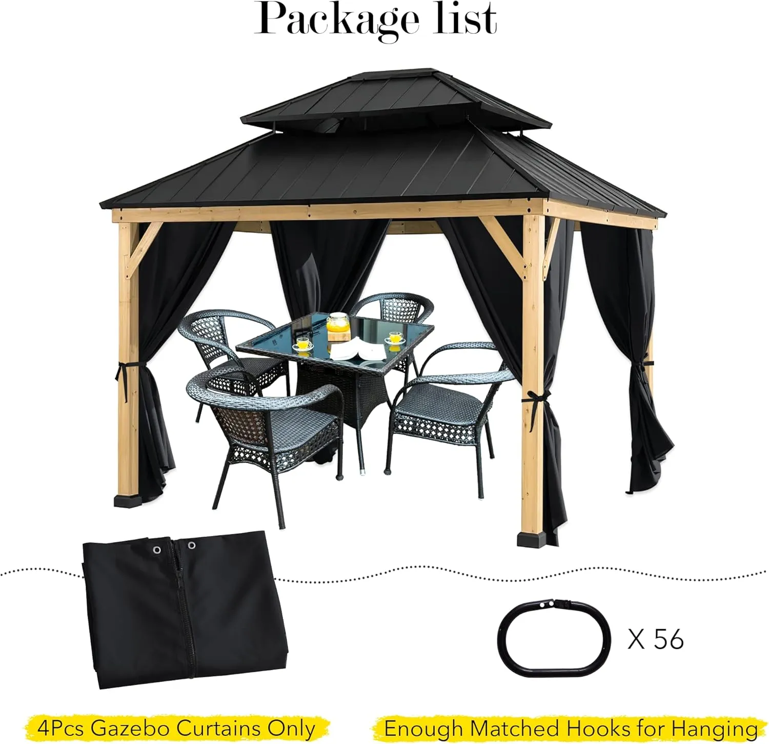 NITCEOWN 4 Pieces 12-ft x 12-ft Outdoor Gazebo Curtains for Patio Waterproof, Grommet Privacy Universal Canopy Sidewall Curtains Windproof Drapes with Tiebacks & Double Slider Zipper, Black