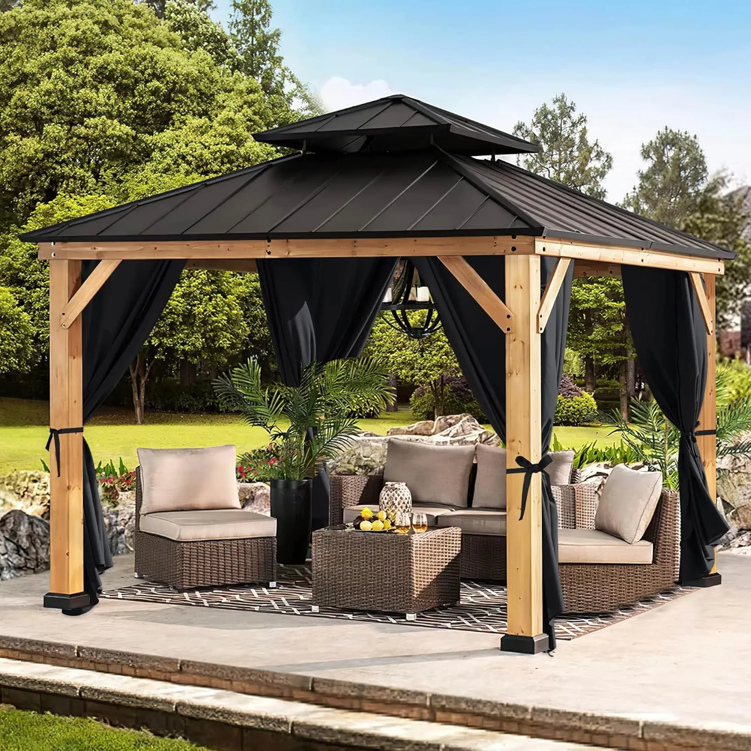 NITCEOWN 4 Pieces 12-ft x 12-ft Outdoor Gazebo Curtains for Patio Waterproof, Grommet Privacy Universal Canopy Sidewall Curtains Windproof Drapes with Tiebacks & Double Slider Zipper, Black