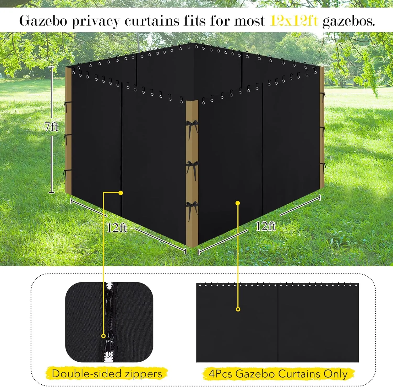 NITCEOWN 4 Pieces 12-ft x 12-ft Outdoor Gazebo Curtains for Patio Waterproof, Grommet Privacy Universal Canopy Sidewall Curtains Windproof Drapes with Tiebacks & Double Slider Zipper, Black