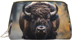North American bison Portable leather cosmetic bag, travel carry-on cosmetic bag with pocket, large capacity cosmetic storage bag,