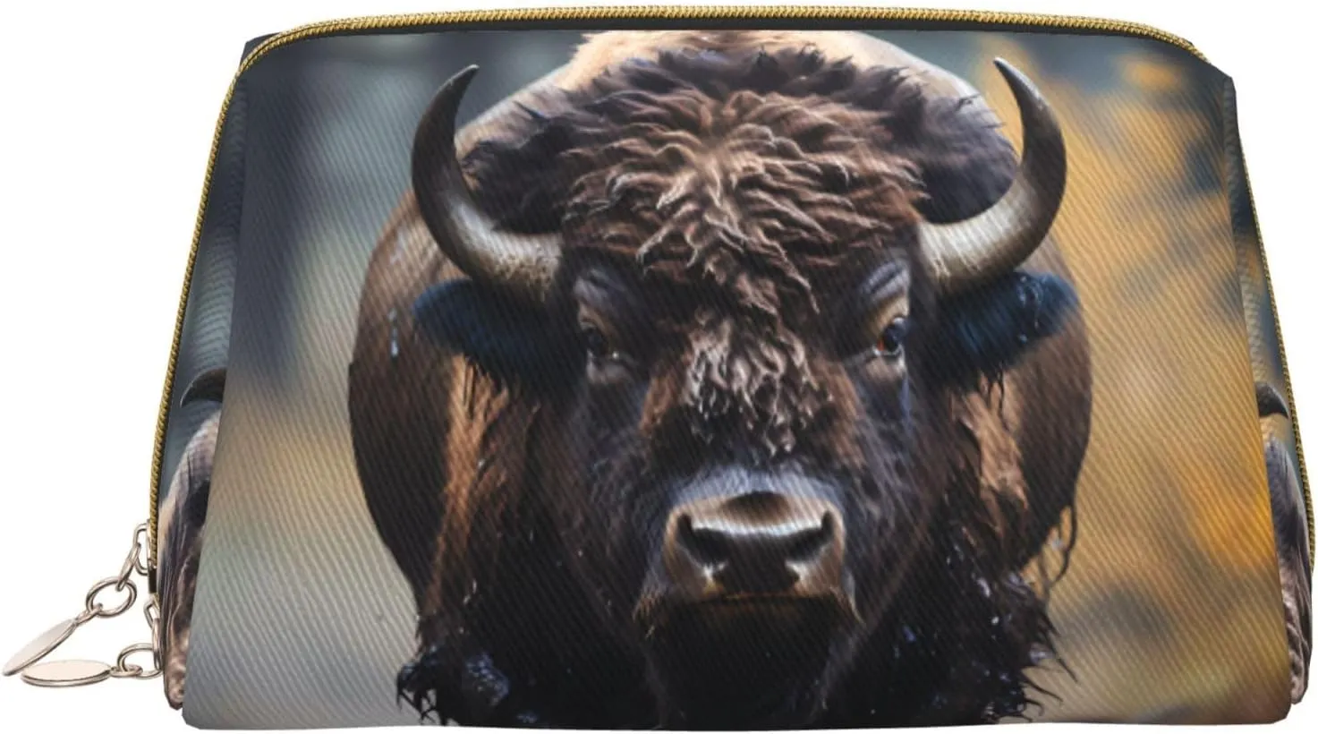 North American bison Portable leather cosmetic bag, travel carry-on cosmetic bag with pocket, large capacity cosmetic storage bag,