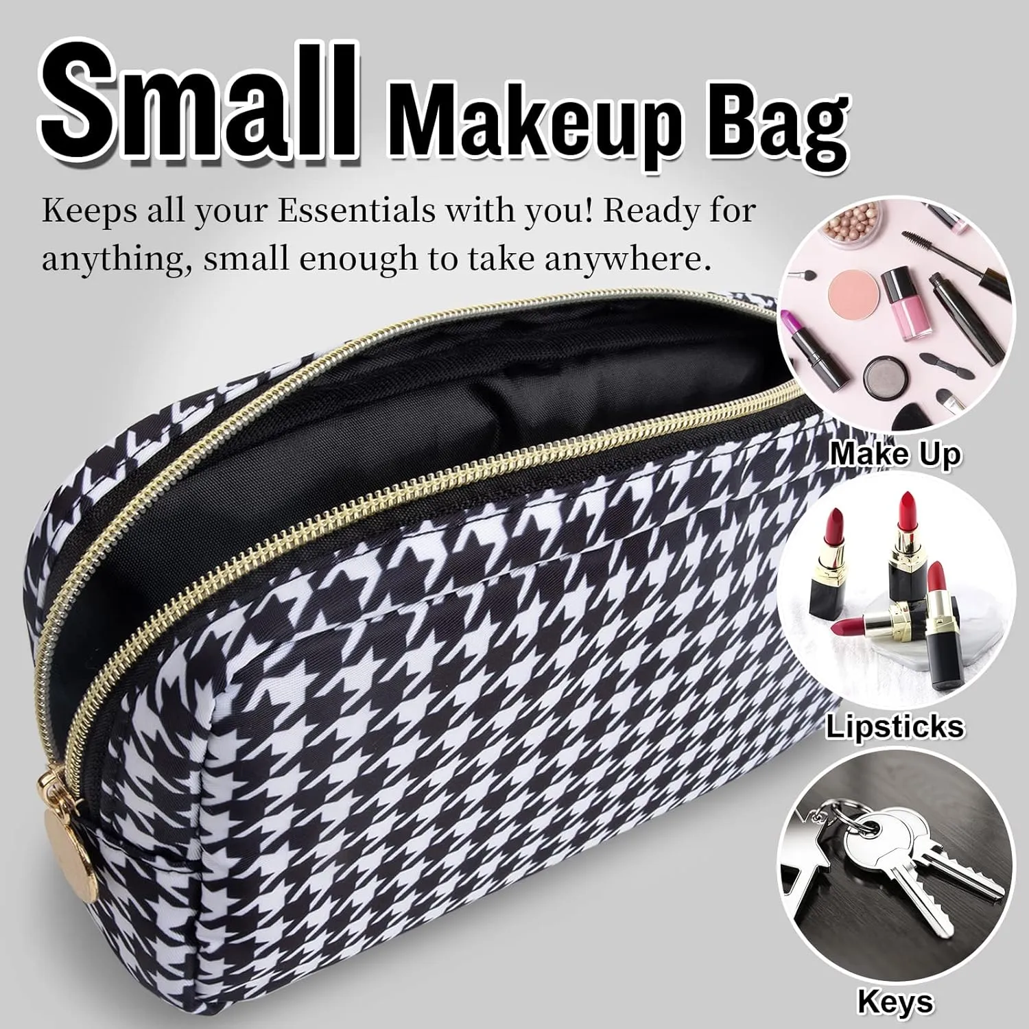 Nylon Small Makeup Bag for Purse, Cute Makeup Pouch Bag Preppy Cosmetic Zipper Pouch Purse, Portable Travel Toiletry Bag Clutch Makeup Brush Bag Organizer Storage for Ladies Girls(Black Houndstooth)