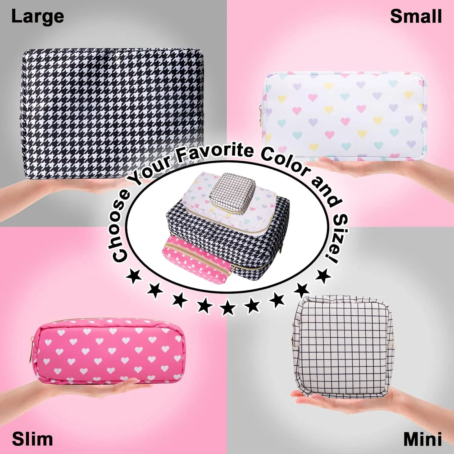 Nylon Small Makeup Bag for Purse, Cute Makeup Pouch Bag Preppy Cosmetic Zipper Pouch Purse, Portable Travel Toiletry Bag Clutch Makeup Brush Bag Organizer Storage for Ladies Girls(Black Houndstooth)