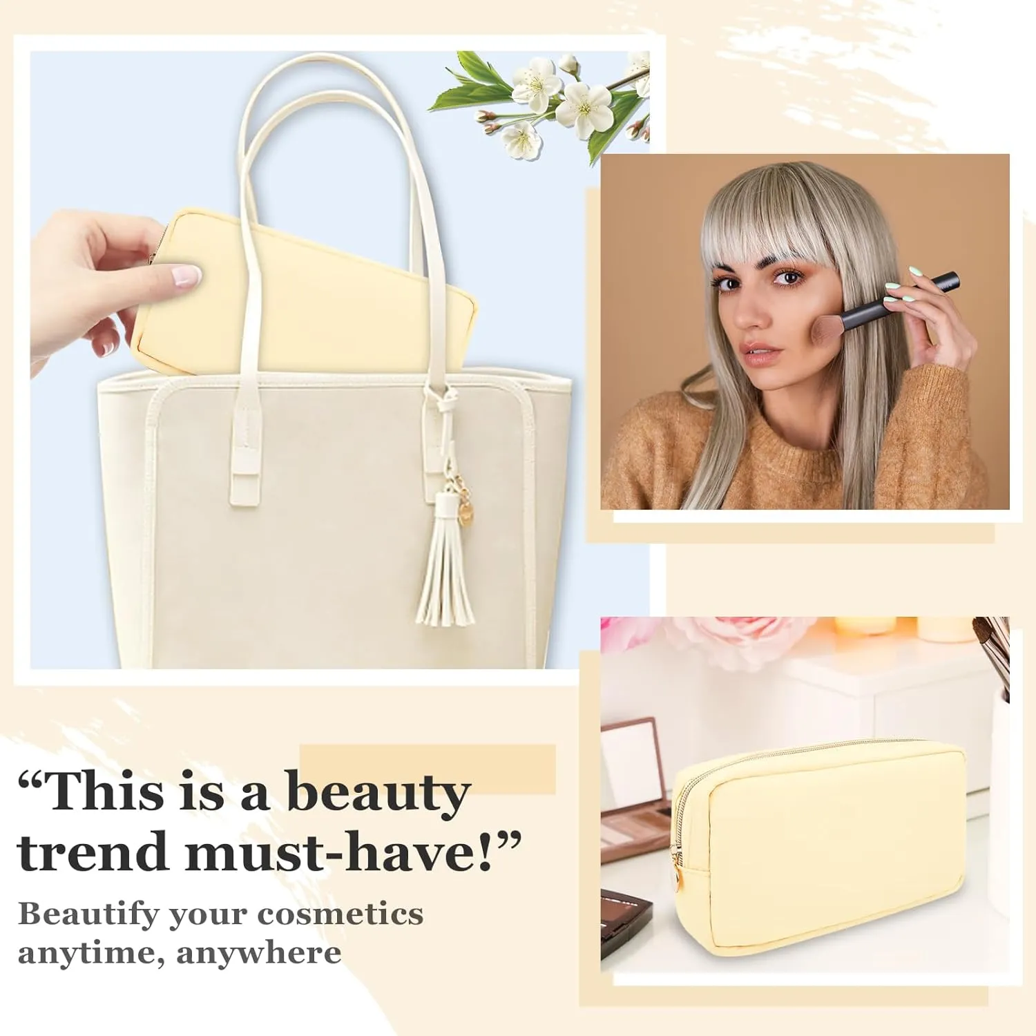 Nylon Small Makeup Bag for Purse, Cute Preppy Makeup Bag Cosmetic Zipper Pouch Purse, Waterproof Portable Travel Toiletry Bag Coin Pouch Clutch Makeup Brush Bag Organizer Storage for Women Men(Beige)