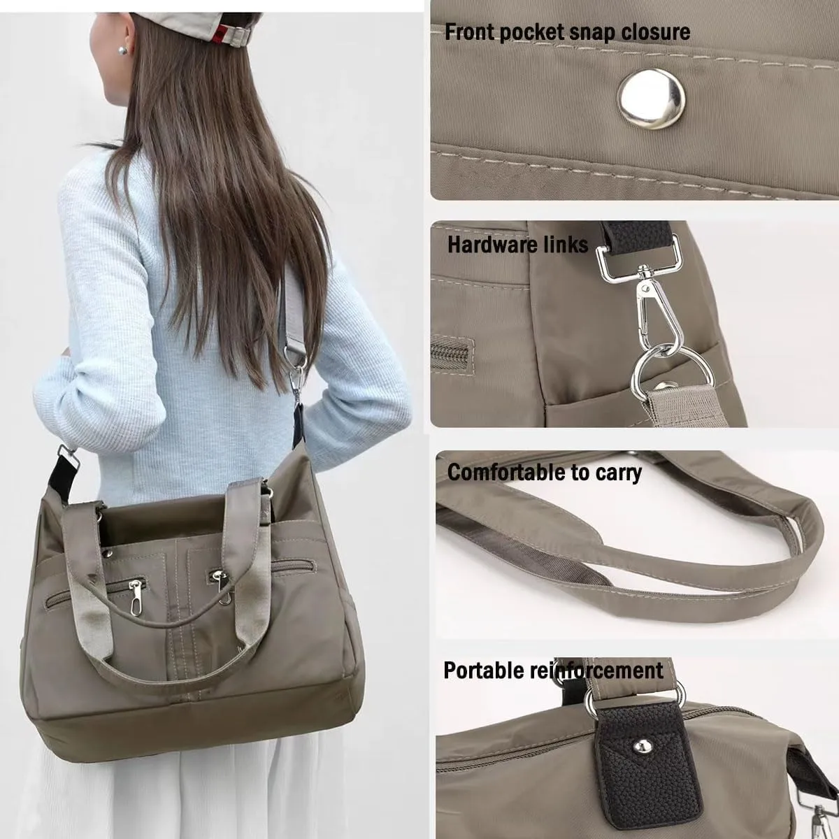 Nylon Waterproof Tote Bag,Womens Tote Handbags,Large Capacity Waterproof Multi Pocket Shoulder Bag with Zipper