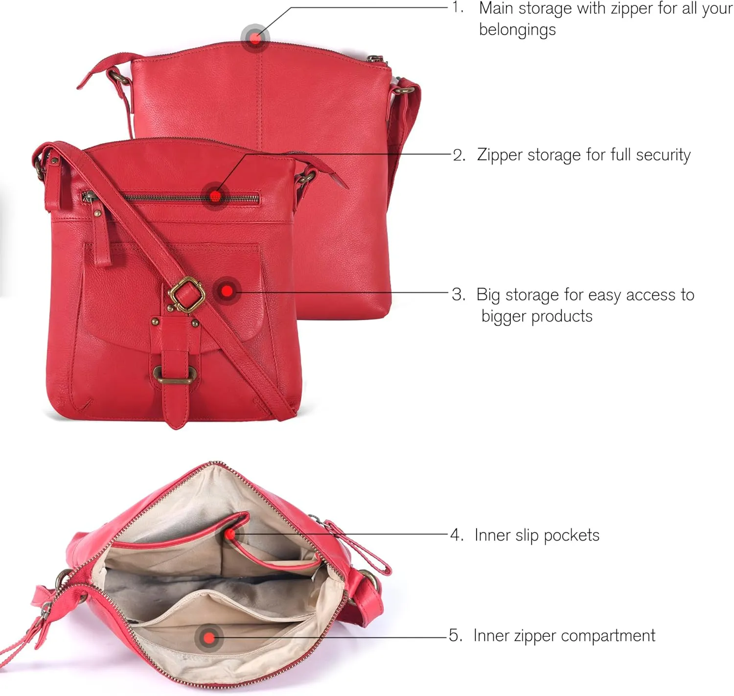 Oak Leathers Leather Crossbody Bag For Women With Adjustable Sling Strap - Medium Size Crossover Shoulder Handbag Purse