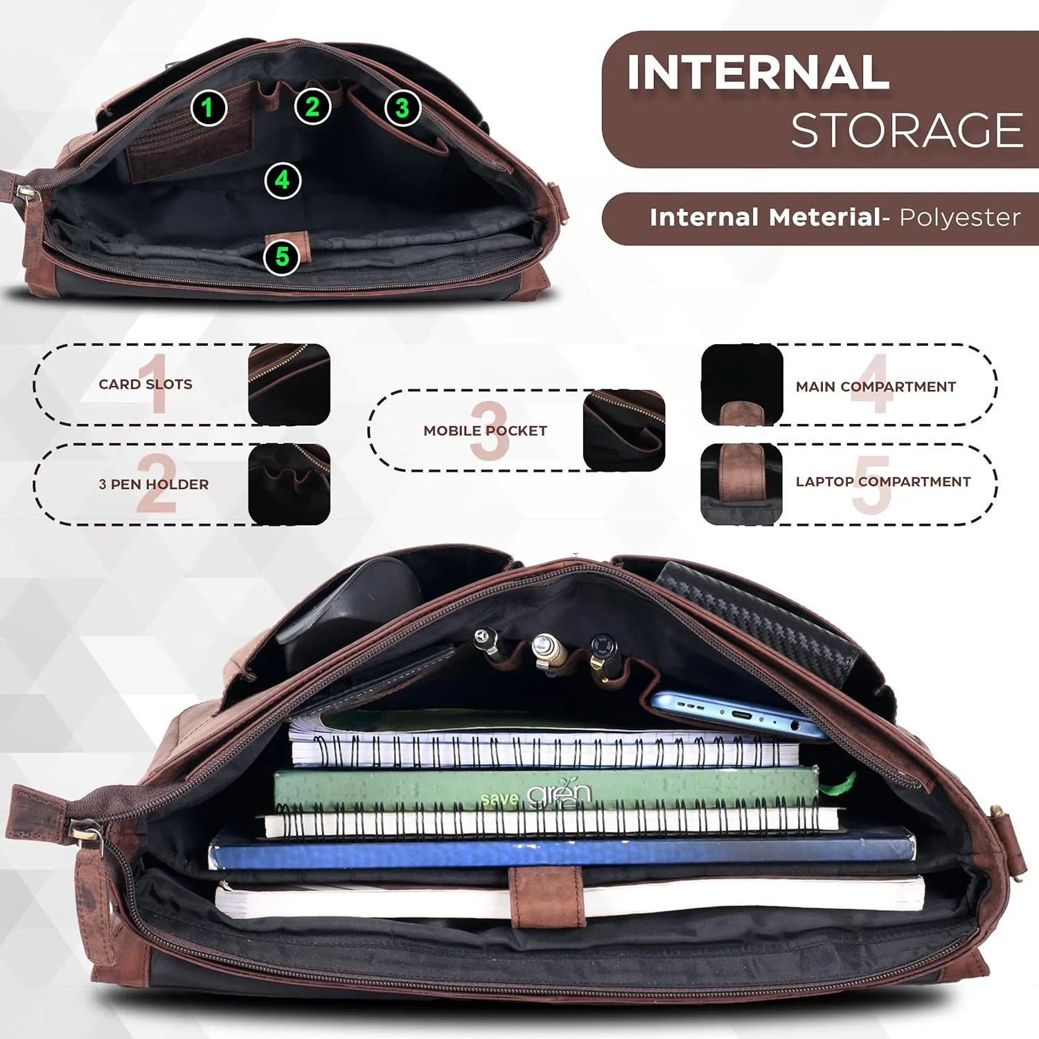 Oak Leathers Leather Messenger Bag for Men and Women - Laptop Briefcase Bag For College, Office, Adjustable Shoulder Strap