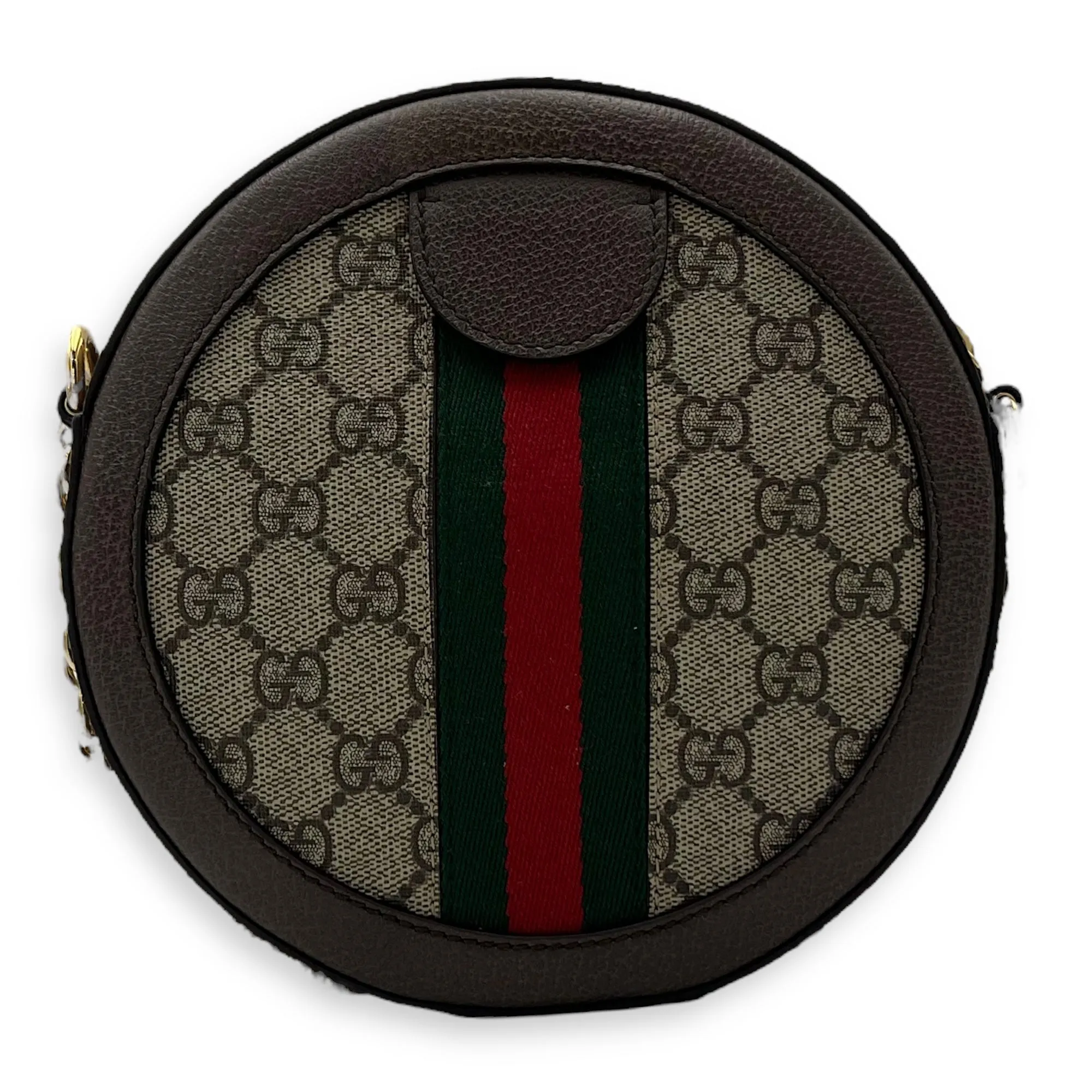 Ophidia Round Brown Crossbody Bag in Monogram Coated Canvas, Gold hardware
