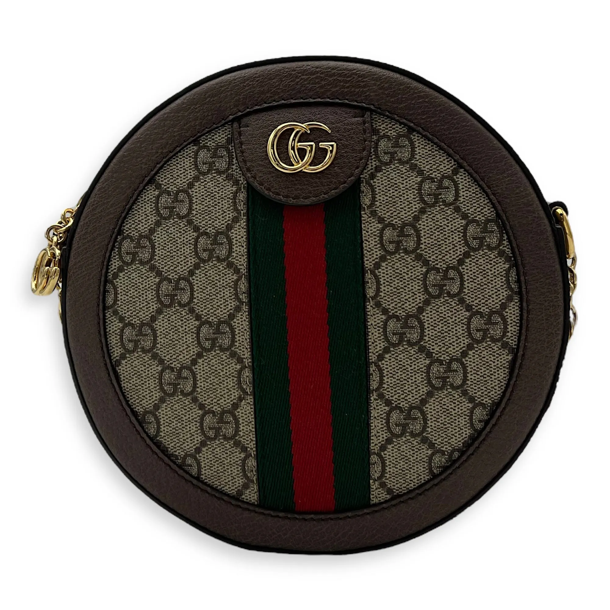 Ophidia Round Brown Crossbody Bag in Monogram Coated Canvas, Gold hardware