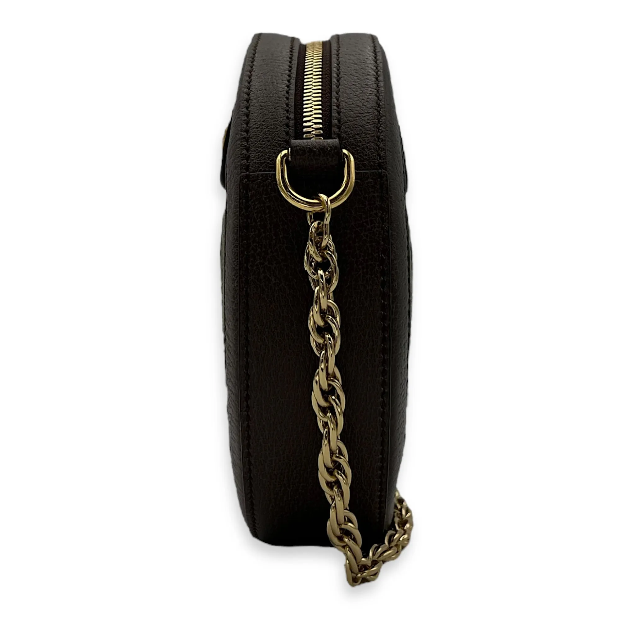 Ophidia Round Brown Crossbody Bag in Monogram Coated Canvas, Gold hardware