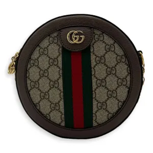 Ophidia Round Brown Crossbody Bag in Monogram Coated Canvas, Gold hardware