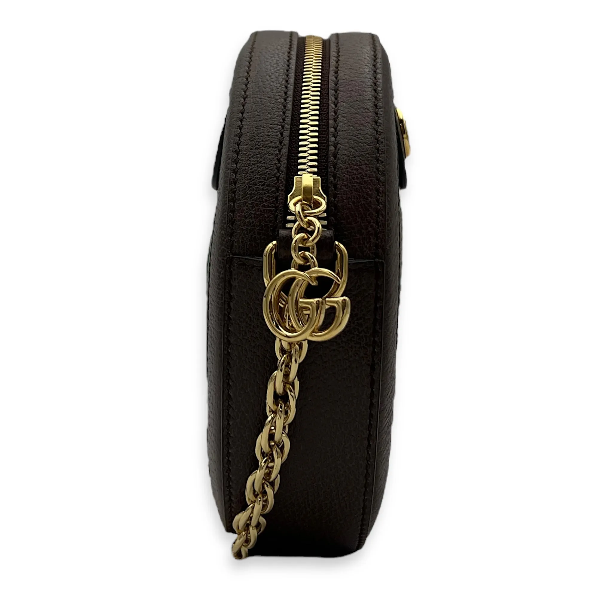 Ophidia Round Brown Crossbody Bag in Monogram Coated Canvas, Gold hardware