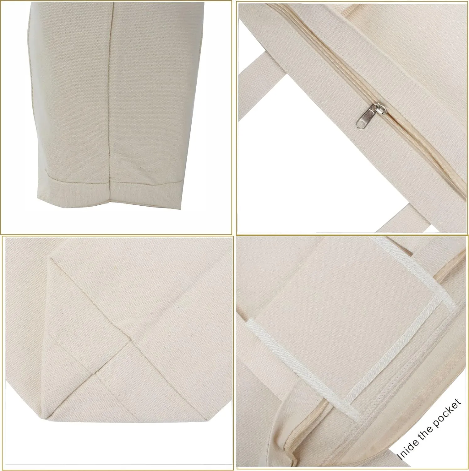 Orange Zippered Canvas Tote Bag, 16.5"x 14"x5 3 PCS Zipper Reusable Canvas Tote Bags Bulk Cloth Grocery Bags Cotton Tote Bags