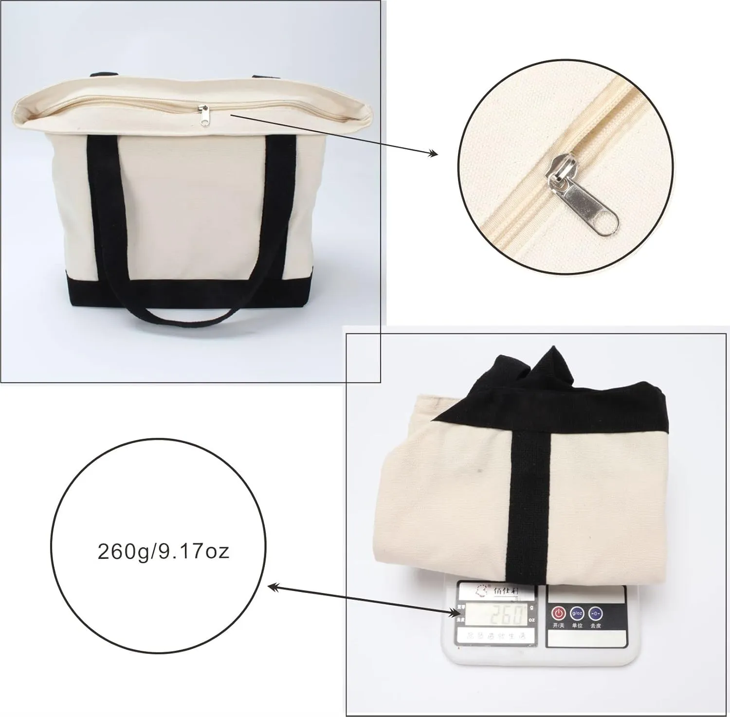 Orange Zippered Canvas Tote Bag, 16.5"x 14"x5 3 PCS Zipper Reusable Canvas Tote Bags Bulk Cloth Grocery Bags Cotton Tote Bags