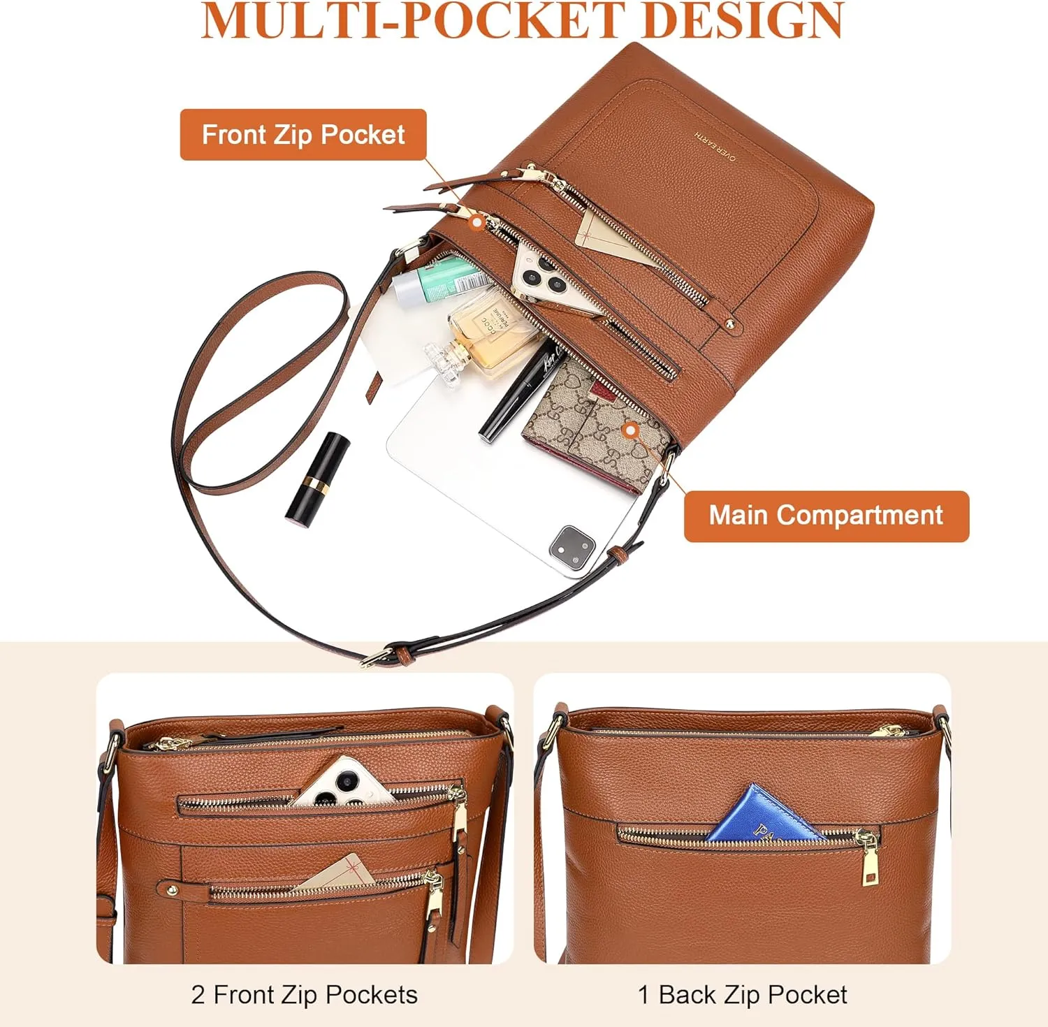 Over Earth Crossbody Bags for Women Leather Purses for Ladies with Multiple Pockets