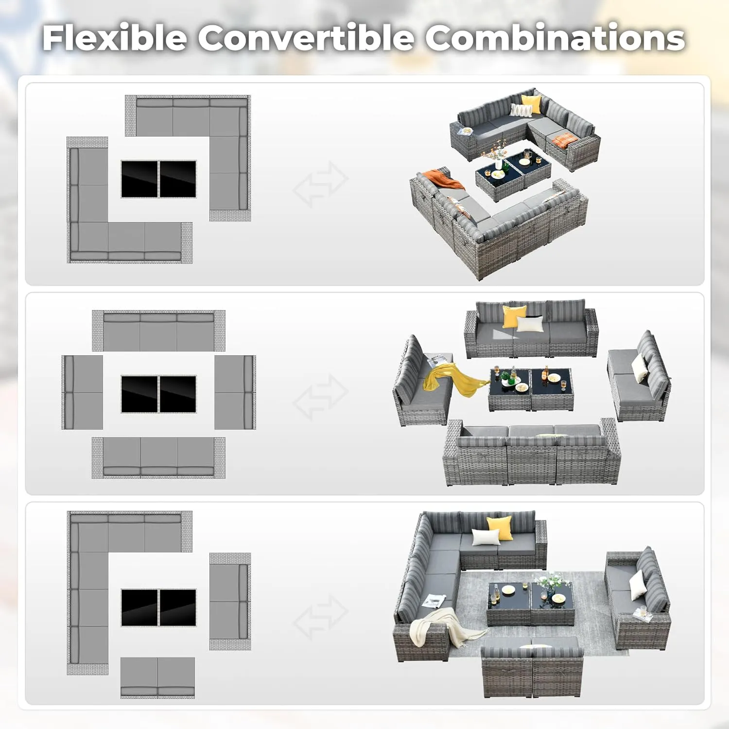 ovios 12 Pieces Patio Furniture Set, Outdoor Wicker Sectional Sofa with Coffee Table Comfy Cushions, Modern Modular Deep Seat Rattan Couch Conversation Set, Dark Gray Stripe