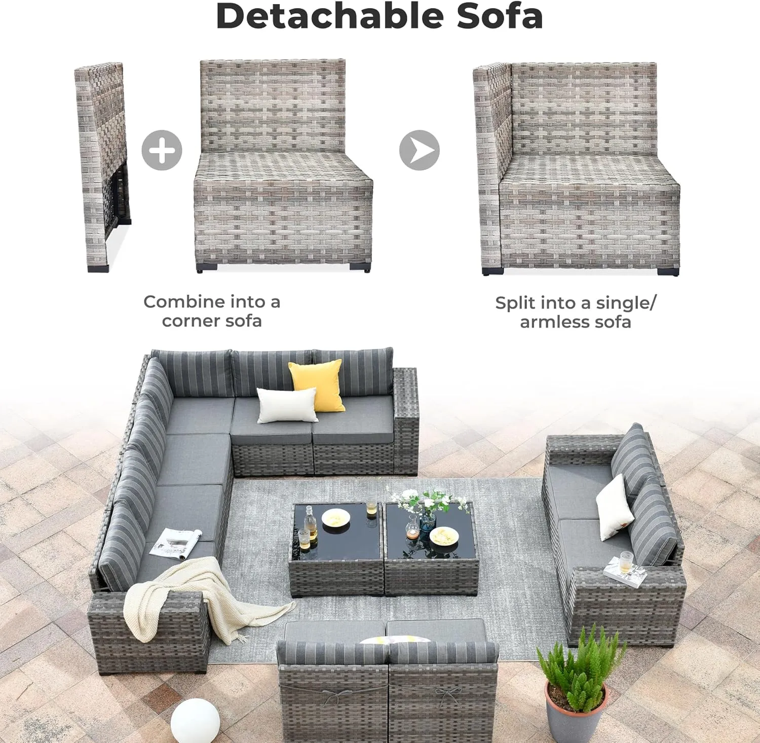 ovios 12 Pieces Patio Furniture Set, Outdoor Wicker Sectional Sofa with Coffee Table Comfy Cushions, Modern Modular Deep Seat Rattan Couch Conversation Set, Dark Gray Stripe