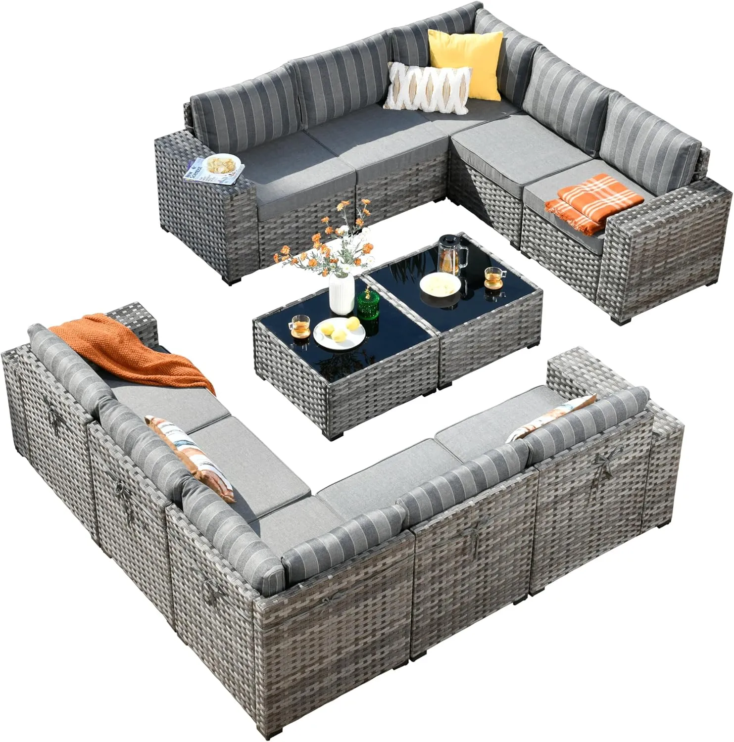 ovios 12 Pieces Patio Furniture Set, Outdoor Wicker Sectional Sofa with Coffee Table Comfy Cushions, Modern Modular Deep Seat Rattan Couch Conversation Set, Dark Gray Stripe