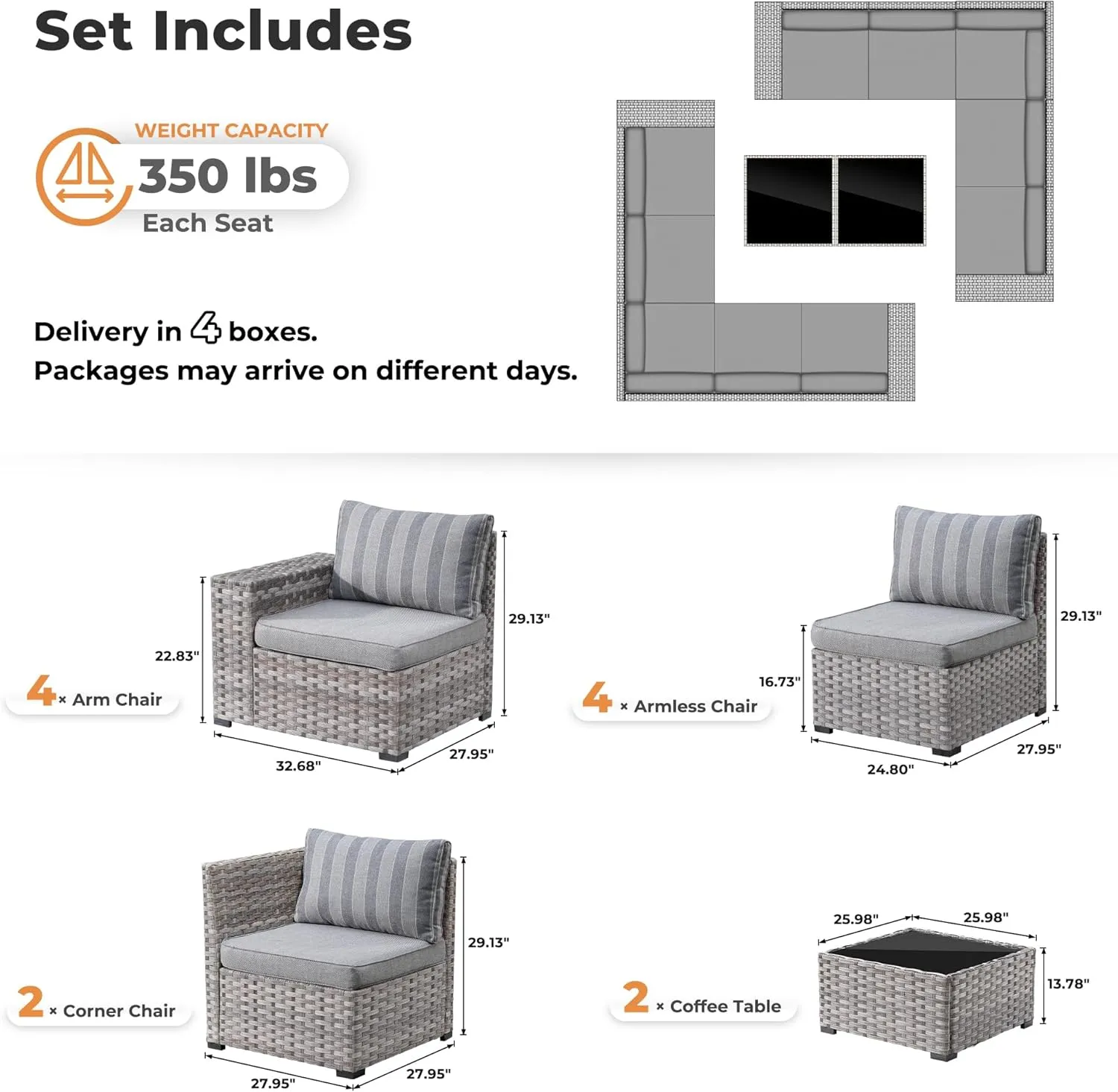 ovios 12 Pieces Patio Furniture Set, Outdoor Wicker Sectional Sofa with Coffee Table Comfy Cushions, Modern Modular Deep Seat Rattan Couch Conversation Set, Dark Gray Stripe