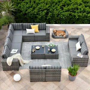 ovios 12 Pieces Patio Furniture Set, Outdoor Wicker Sectional Sofa with Coffee Table Comfy Cushions, Modern Modular Deep Seat Rattan Couch Conversation Set, Dark Gray Stripe