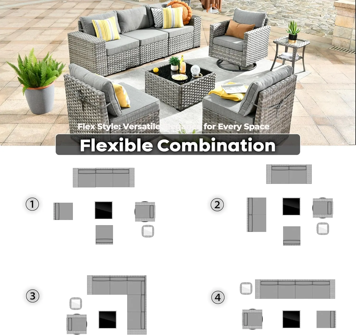 ovios 8 Pieces Patio Furniture Set, Outdoor Modular Sectional Sofa with Swivel Chair, Modern Wicker Deep Seat Wide Rocking Armchair Rattan Couch, Dark Grey