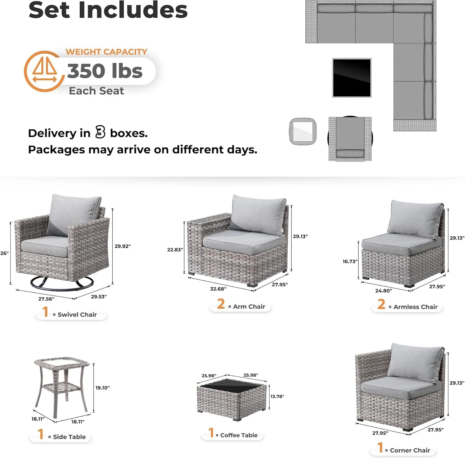ovios 8 Pieces Patio Furniture Set, Outdoor Modular Sectional Sofa with Swivel Chair, Modern Wicker Deep Seat Wide Rocking Armchair Rattan Couch, Dark Grey