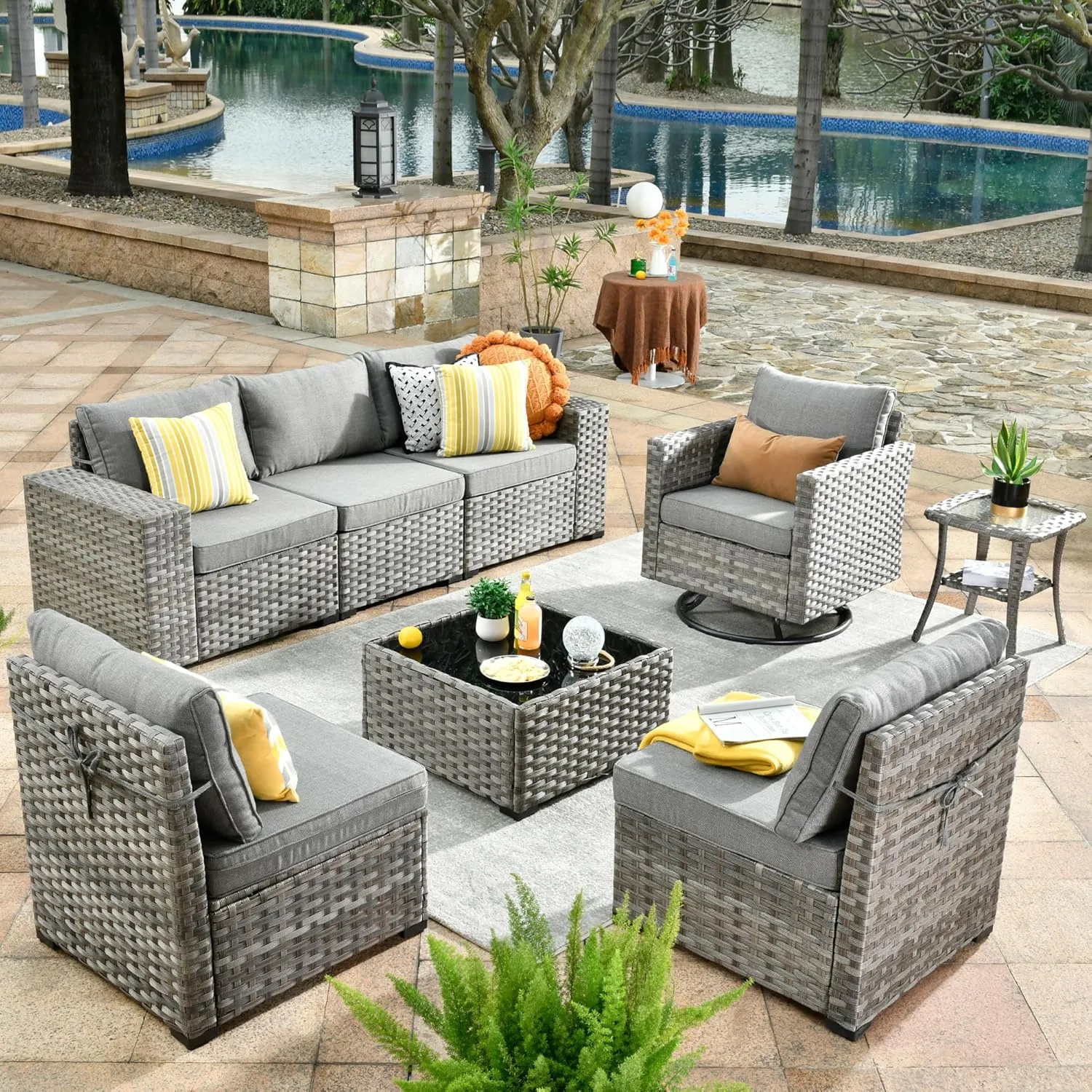 ovios 8 Pieces Patio Furniture Set, Outdoor Modular Sectional Sofa with Swivel Chair, Modern Wicker Deep Seat Wide Rocking Armchair Rattan Couch, Dark Grey