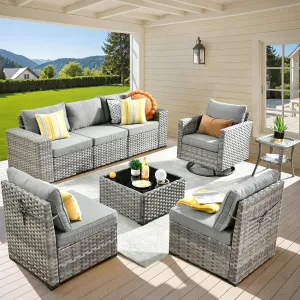 ovios 8 Pieces Patio Furniture Set, Outdoor Modular Sectional Sofa with Swivel Chair, Modern Wicker Deep Seat Wide Rocking Armchair Rattan Couch, Dark Grey