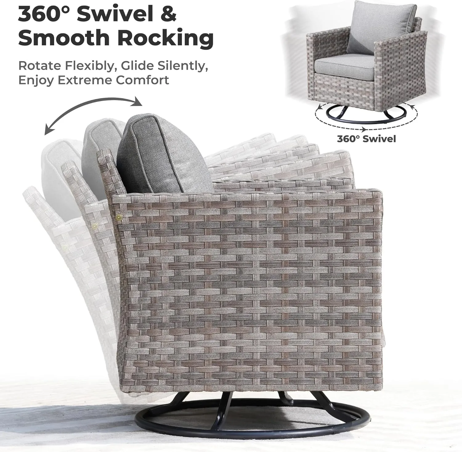 ovios 8 Pieces Patio Furniture Set, Outdoor Modular Sectional Sofa with Swivel Chair, Modern Wicker Deep Seat Wide Rocking Armchair Rattan Couch, Dark Grey