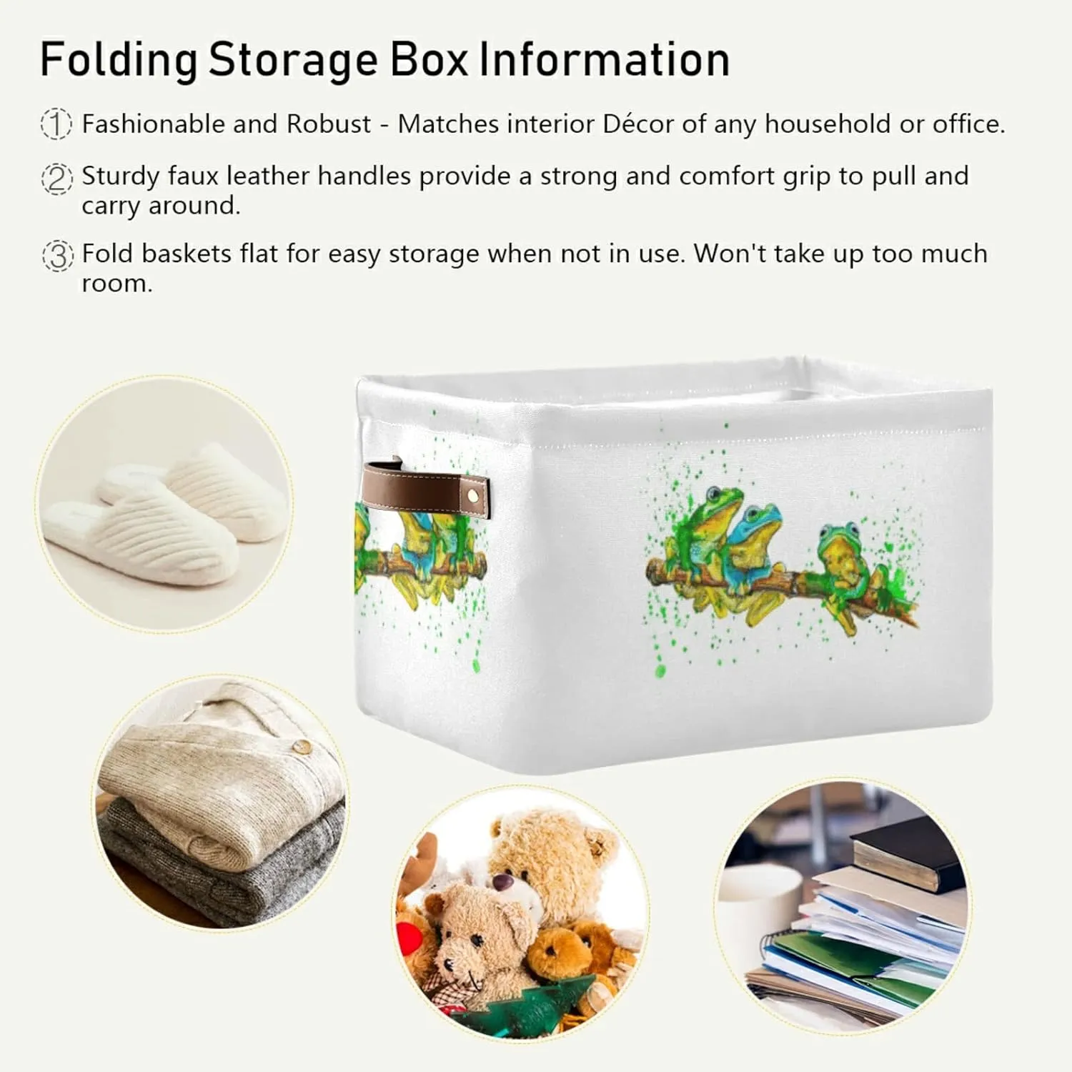 Oyihfvs Watercolor Exotic Green Frogs with Splashes on White 2 PC Rectangle Storage Basket Collapsible Fabric with Leather Handles Bag Organizer Clothes for Home Bedroom 15 x 11 x 9.5 in