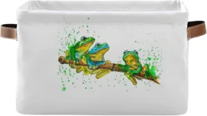 Oyihfvs Watercolor Exotic Green Frogs with Splashes on White 2 PC Rectangle Storage Basket Collapsible Fabric with Leather Handles Bag Organizer Clothes for Home Bedroom 15 x 11 x 9.5 in